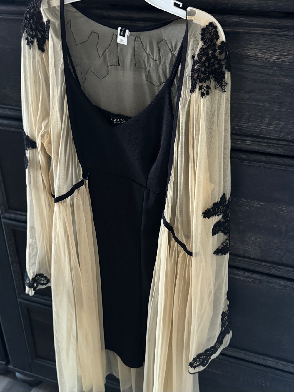 Nasty Gal Black Slip Dress with Cream Embroidered Sheer Duster - Picture 2 of 10